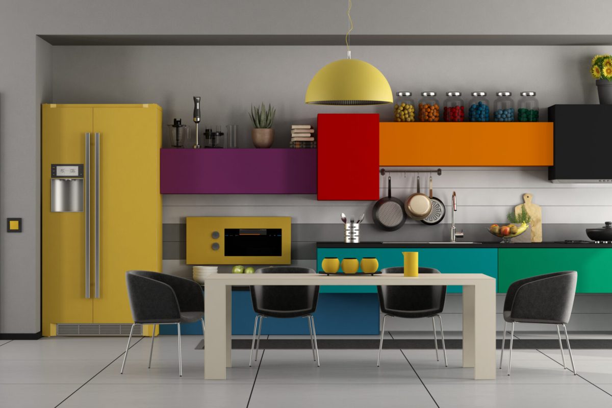 Colorful modern kitchen with white dining table ,black chairs and closed door - 3d rendering